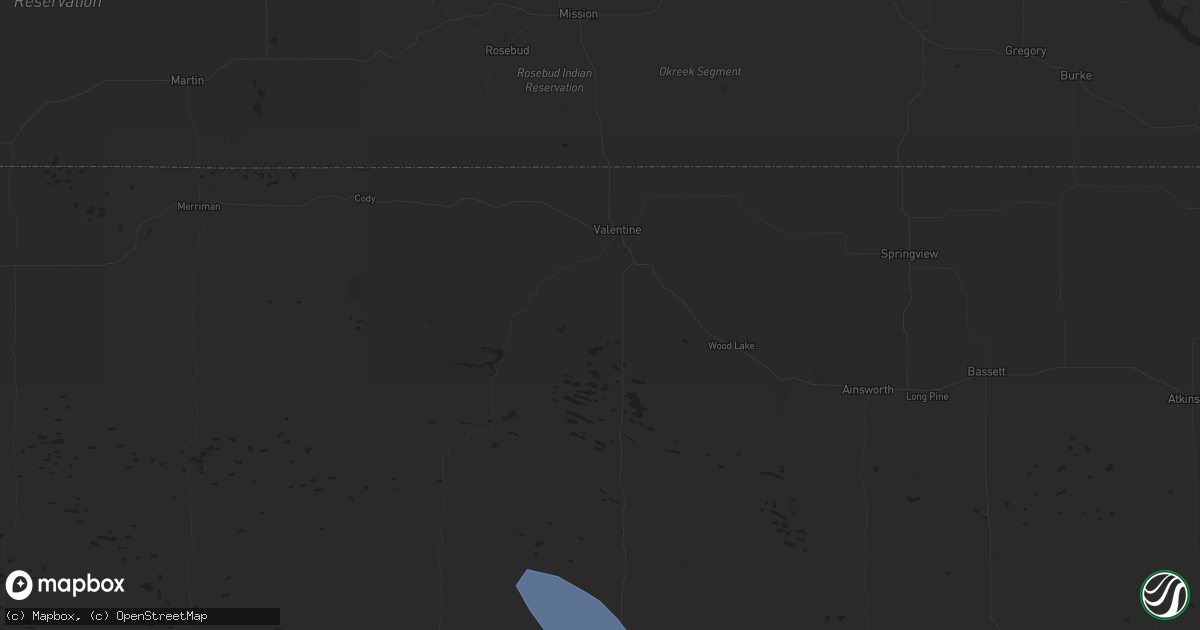 Hail map in Valentine, NE on July 16, 2025