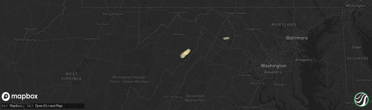Hail map in Wardensville, WV on July 16, 2025