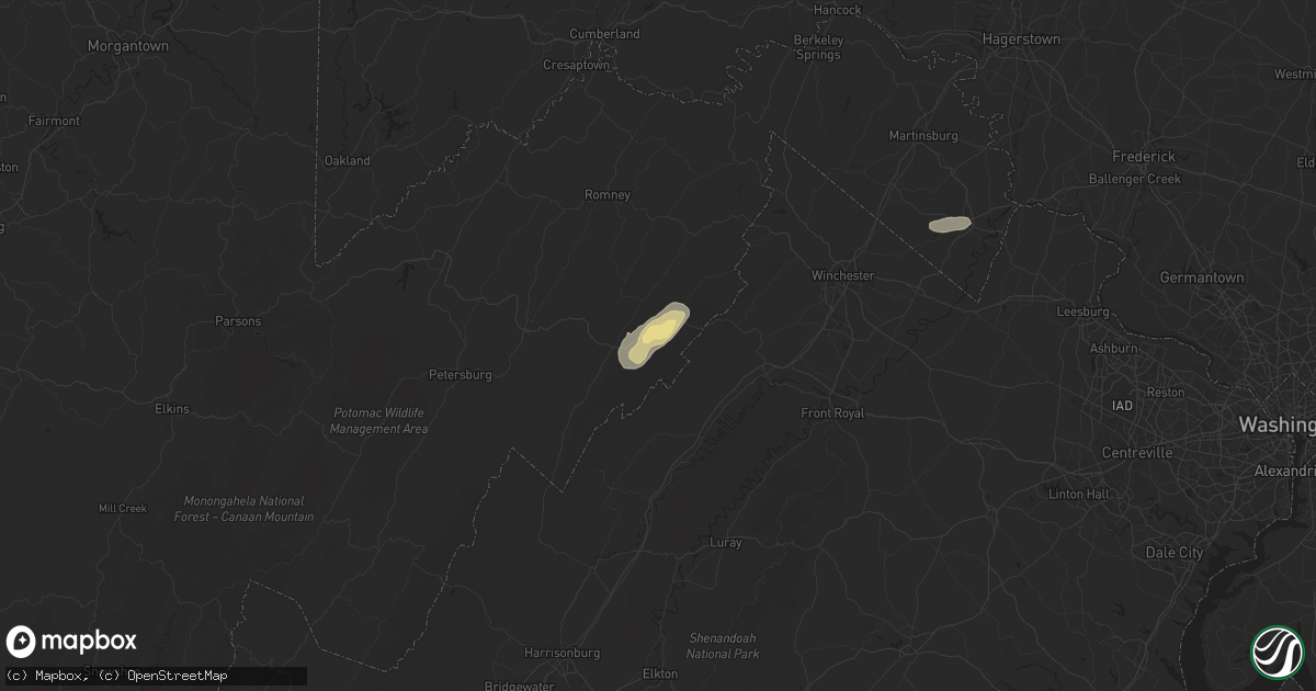 Hail map in Wardensville, WV on July 16, 2025