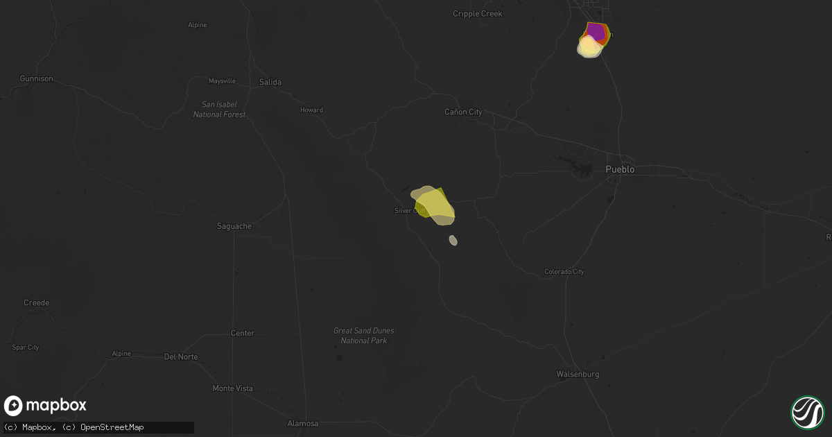 Hail map in Westcliffe, CO on July 16, 2025