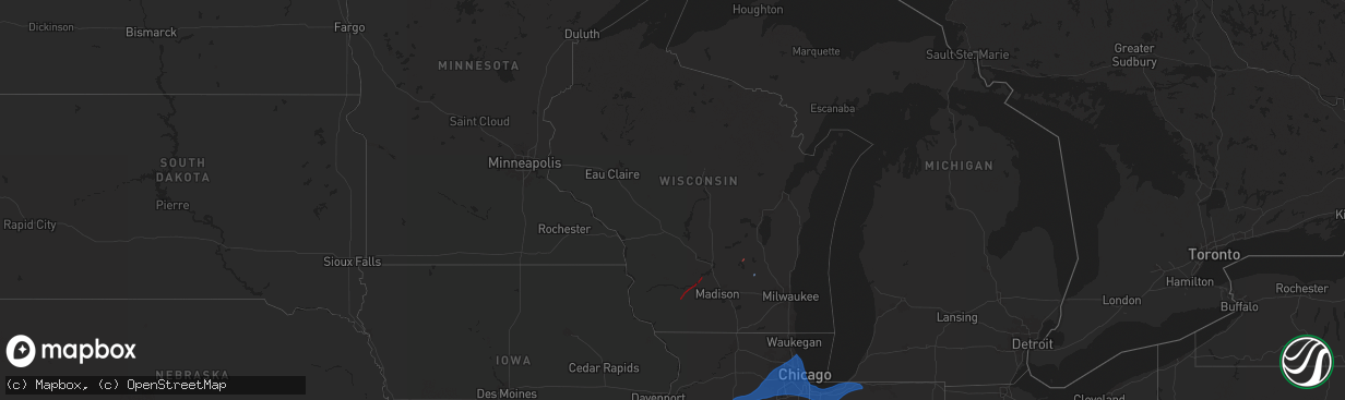 Hail map in Wisconsin on July 16, 2025