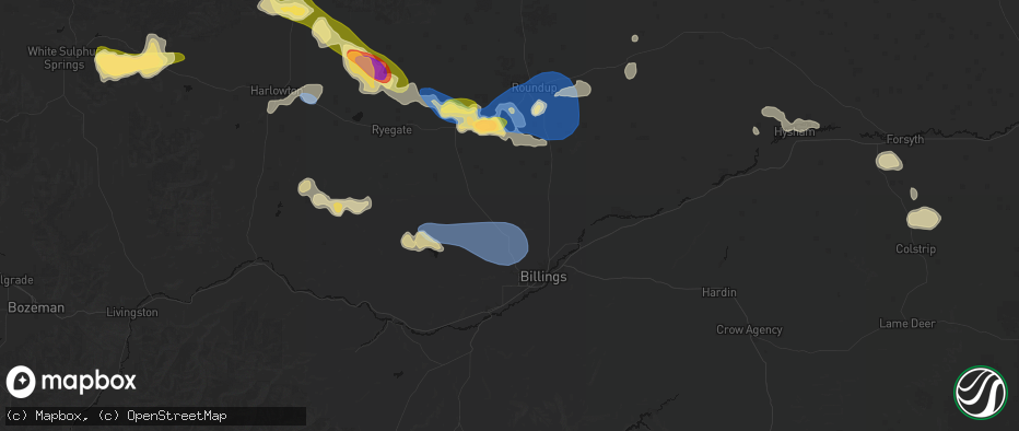 Hail map in Acton, MT on July 16, 2026