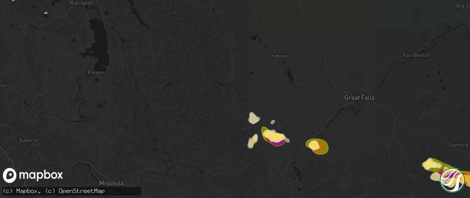 Hail map in Augusta, MT on July 16, 2026