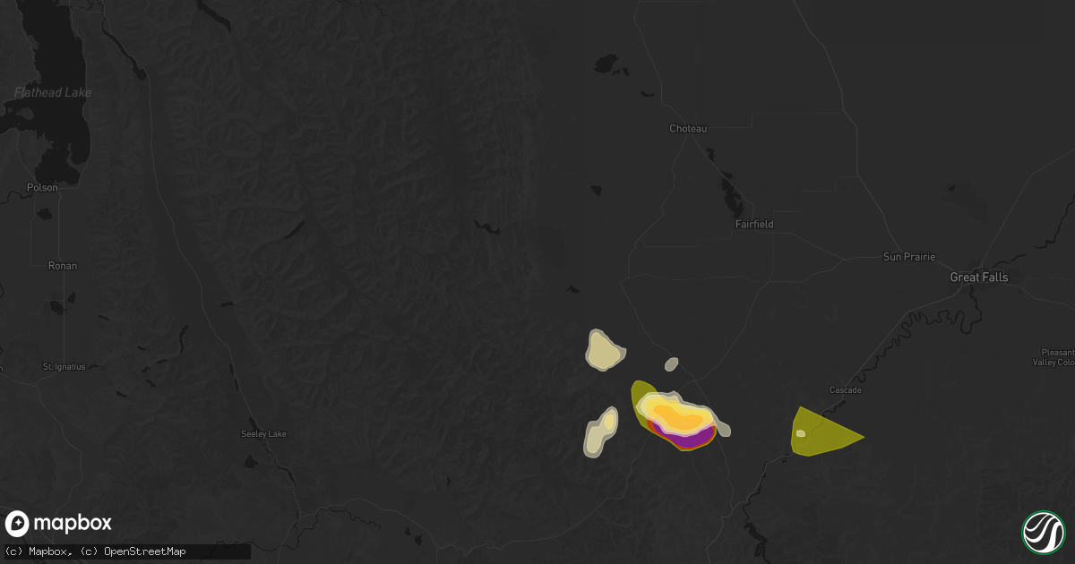 Hail map in Augusta, MT on July 16, 2026