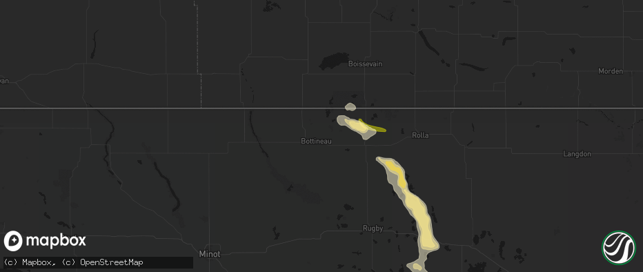 Hail map in Bottineau, ND on July 16, 2026