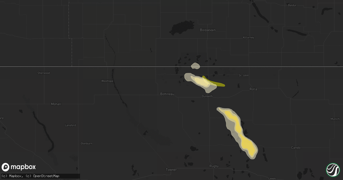 Hail map in Bottineau, ND on July 16, 2026