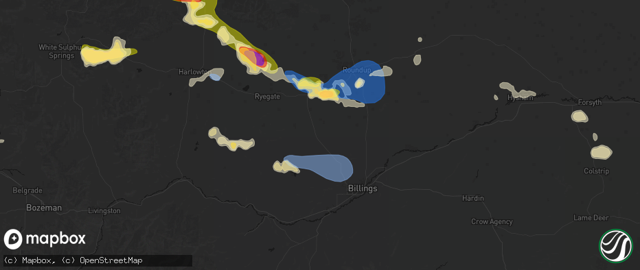 Hail map in Broadview, MT on July 16, 2026