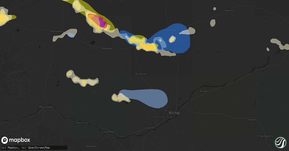 Hail map in Broadview, MT on July 16, 2026