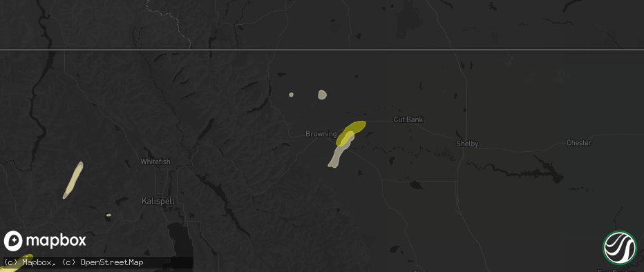 Hail map in Browning, MT on July 16, 2026