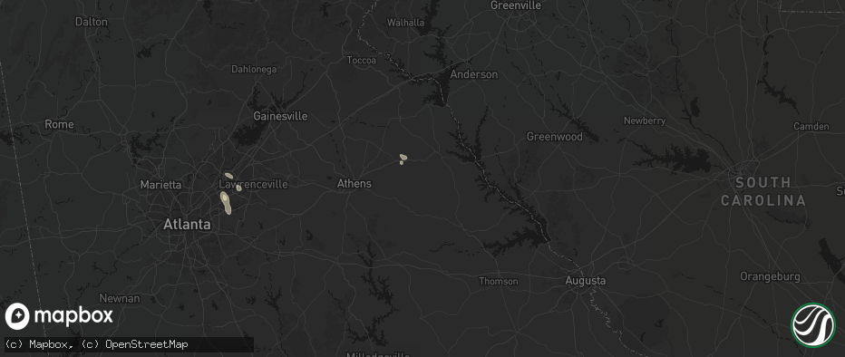 Hail map in Carlton, GA on July 16, 2026