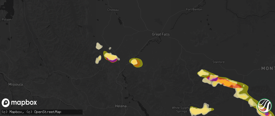 Hail map in Cascade, MT on July 16, 2026