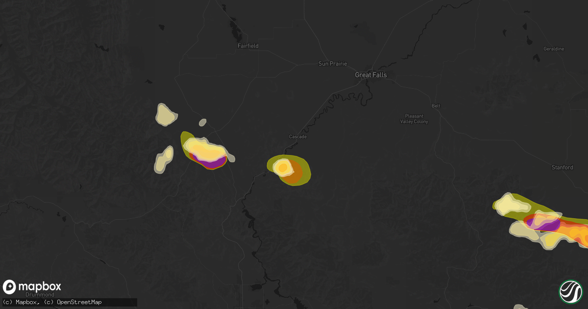Hail map in Cascade, MT on July 16, 2026