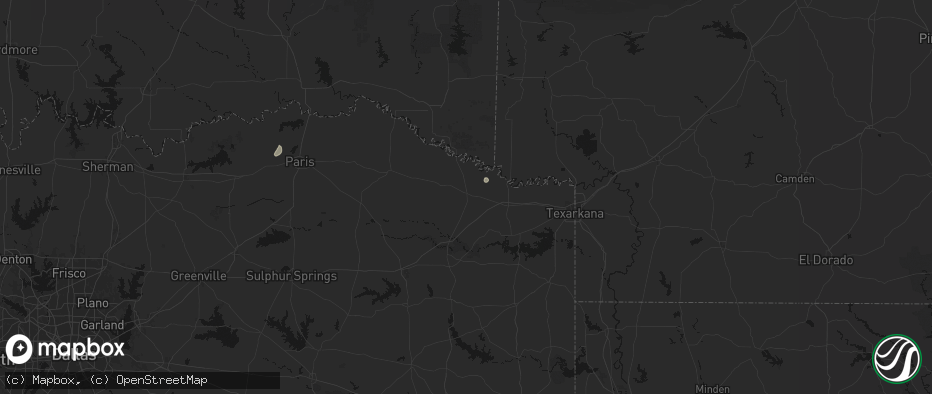 Hail map in De Kalb, TX on July 16, 2026