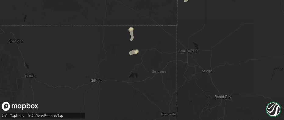Hail map in Devils Tower, WY on July 16, 2026