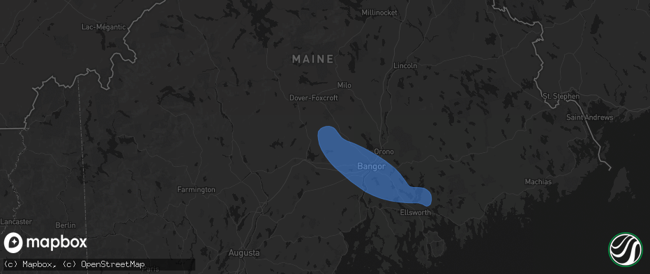 Hail map in Exeter, ME on July 16, 2026