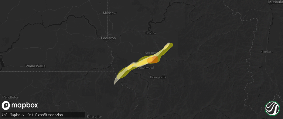 Hail map in Ferdinand, ID on July 16, 2026