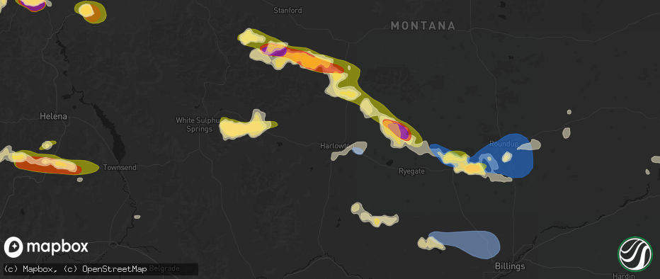 Hail map in Harlowton, MT on July 16, 2026