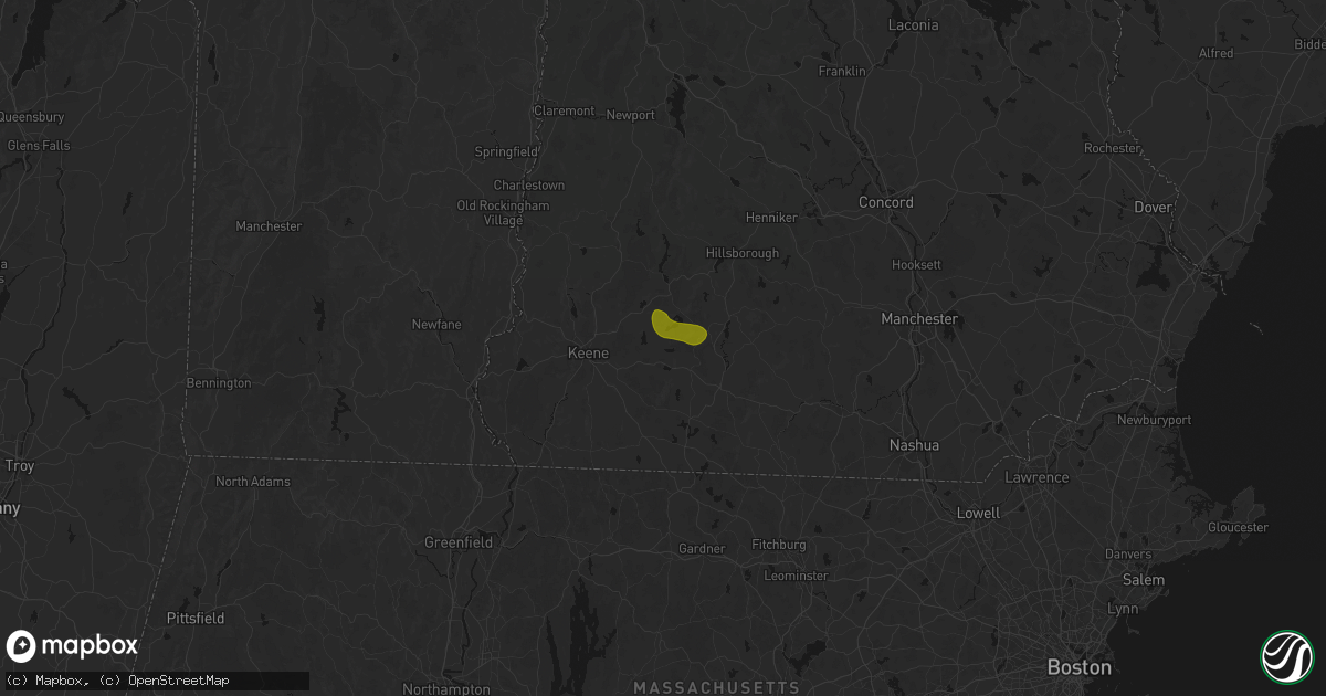 Hail map in Harrisville, NH on July 16, 2026