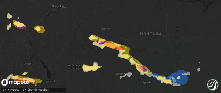 Hail map in Hobson, MT on July 16, 2026