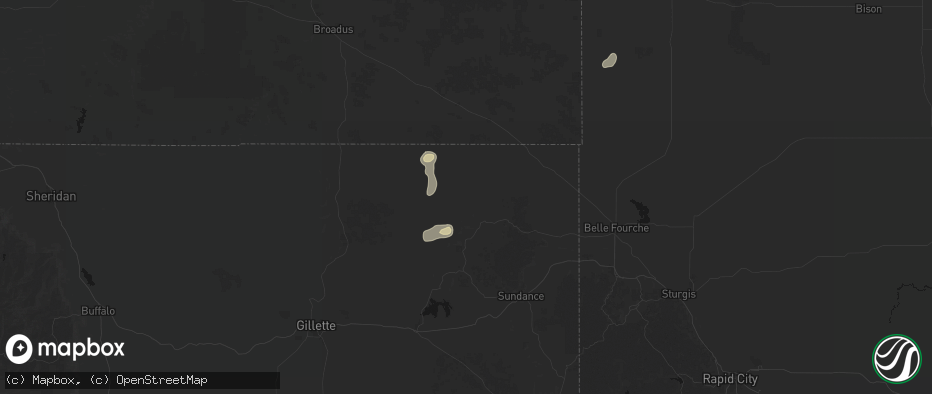 Hail map in Hulett, WY on July 16, 2026