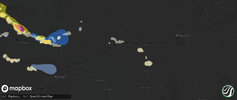 Hail map in Hysham, MT on July 16, 2026