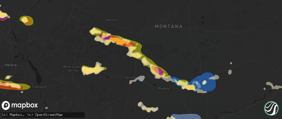 Hail map in Judith Gap, MT on July 16, 2026