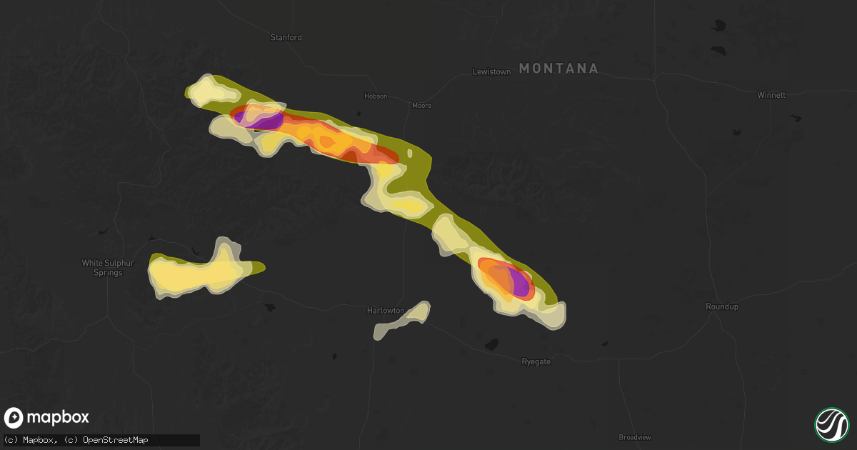 Hail map in Judith Gap, MT on July 16, 2026