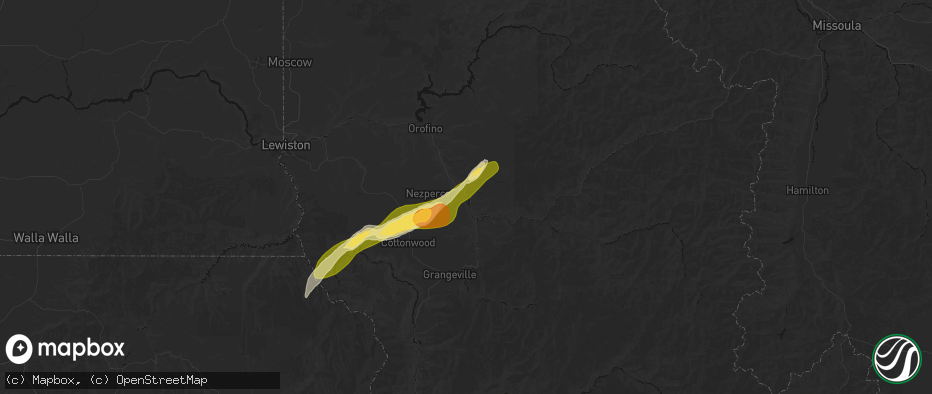 Hail map in Kamiah, ID on July 16, 2026