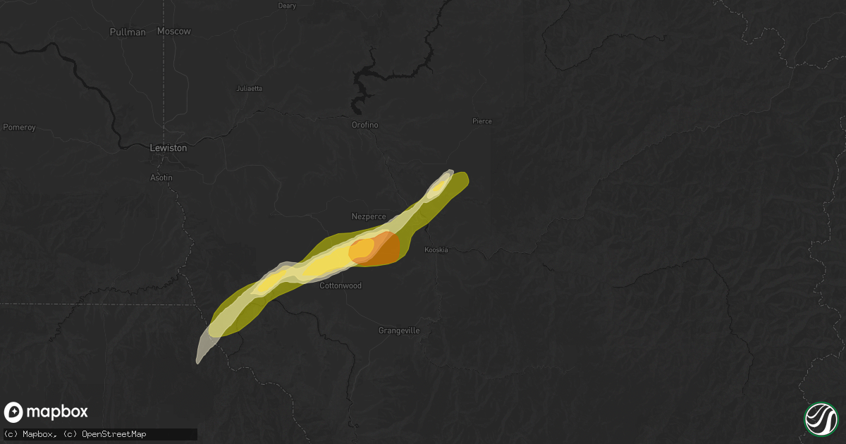 Hail map in Kamiah, ID on July 16, 2026