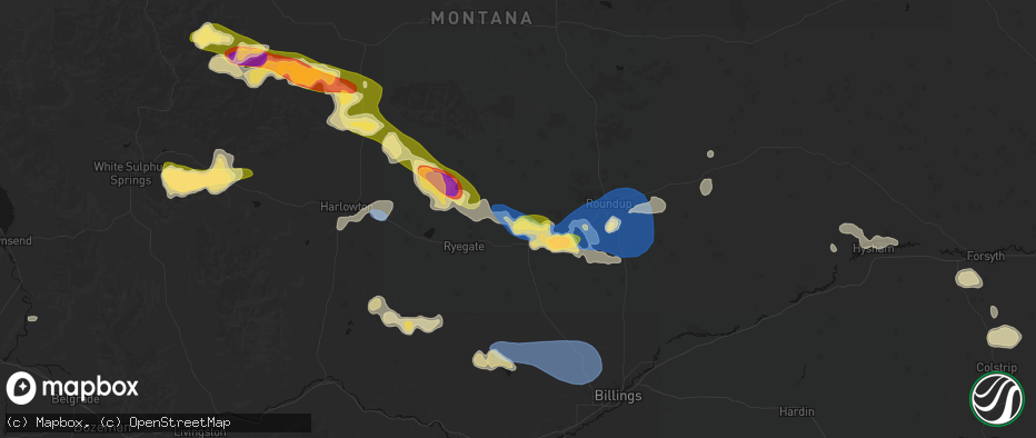 Hail map in Lavina, MT on July 16, 2026