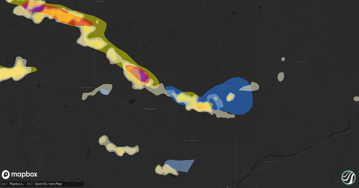 Hail map in Lavina, MT on July 16, 2026