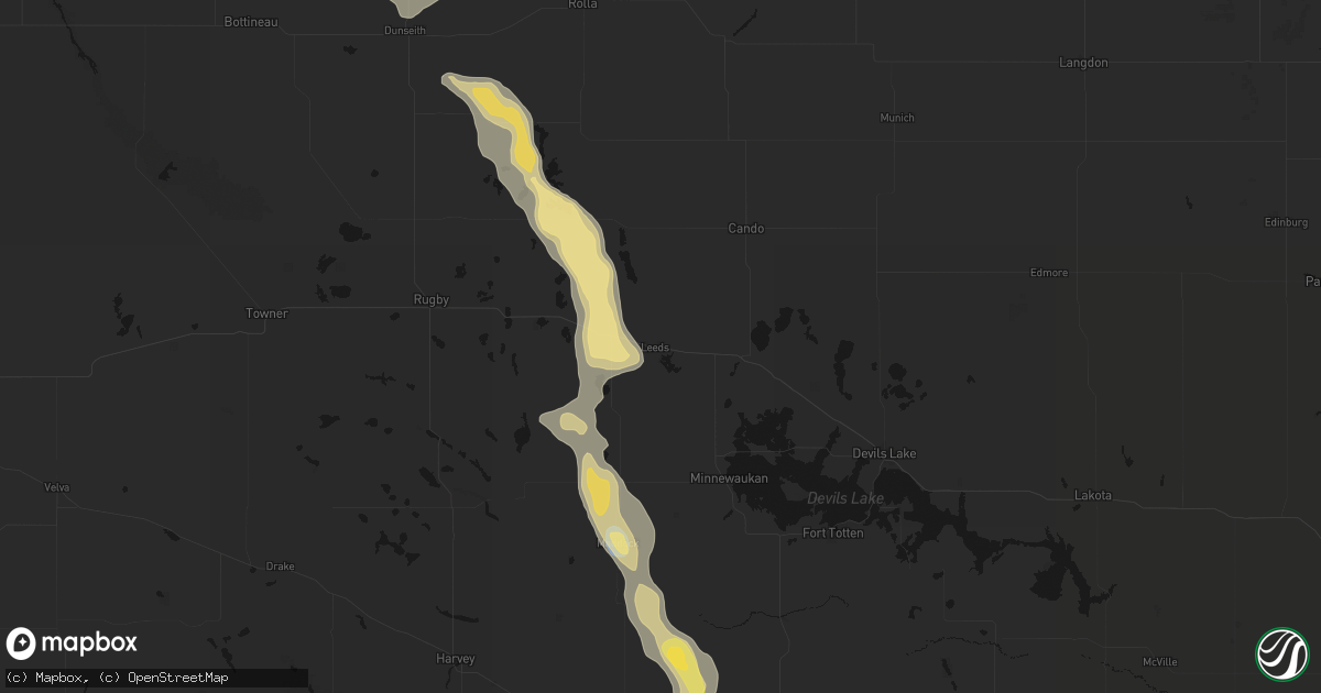 Hail map in Leeds, ND on July 16, 2026