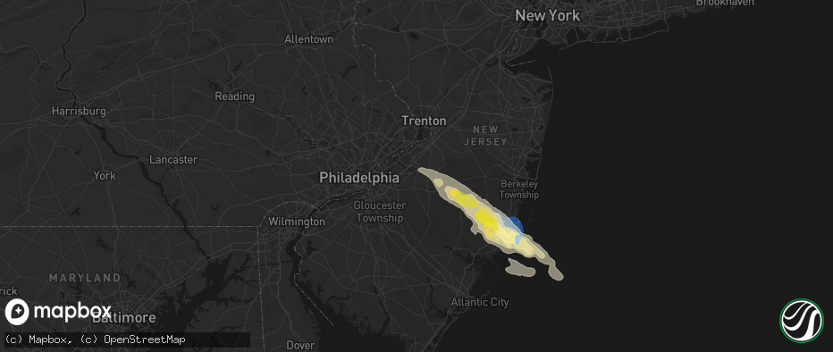 Hail map in Lumberton, NJ on July 16, 2026