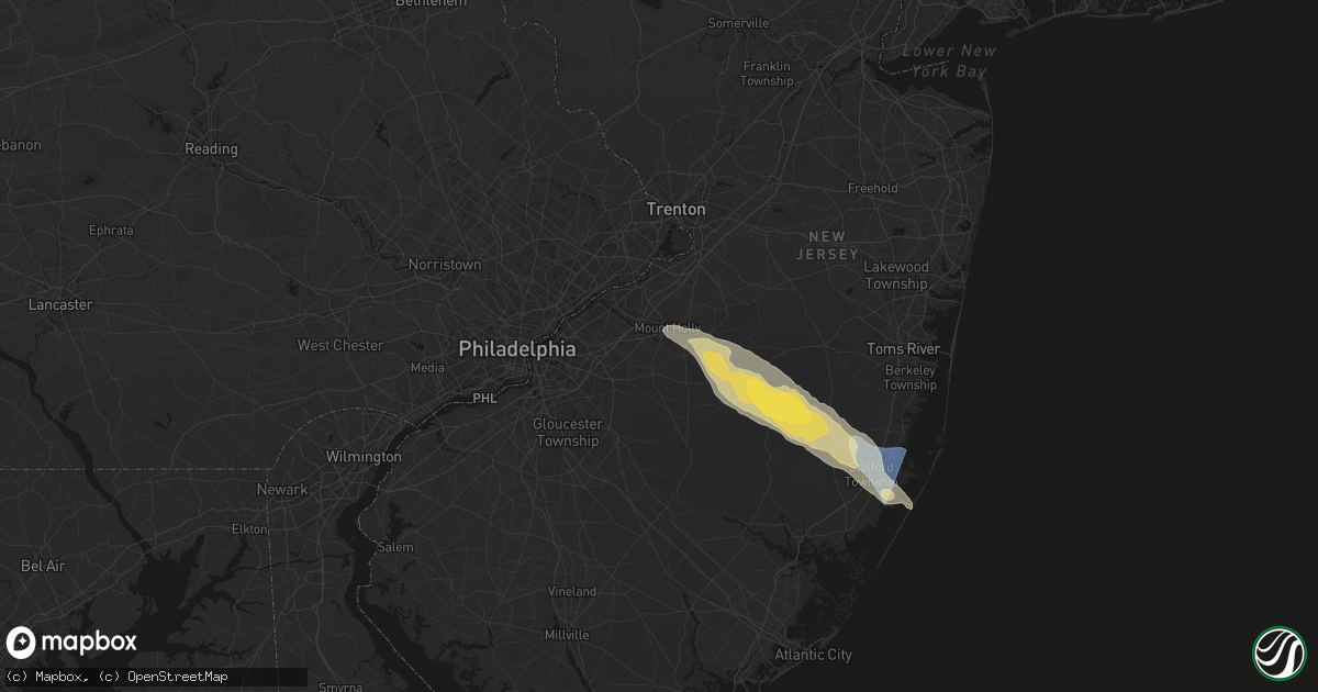 Hail map in Lumberton, NJ on July 16, 2026