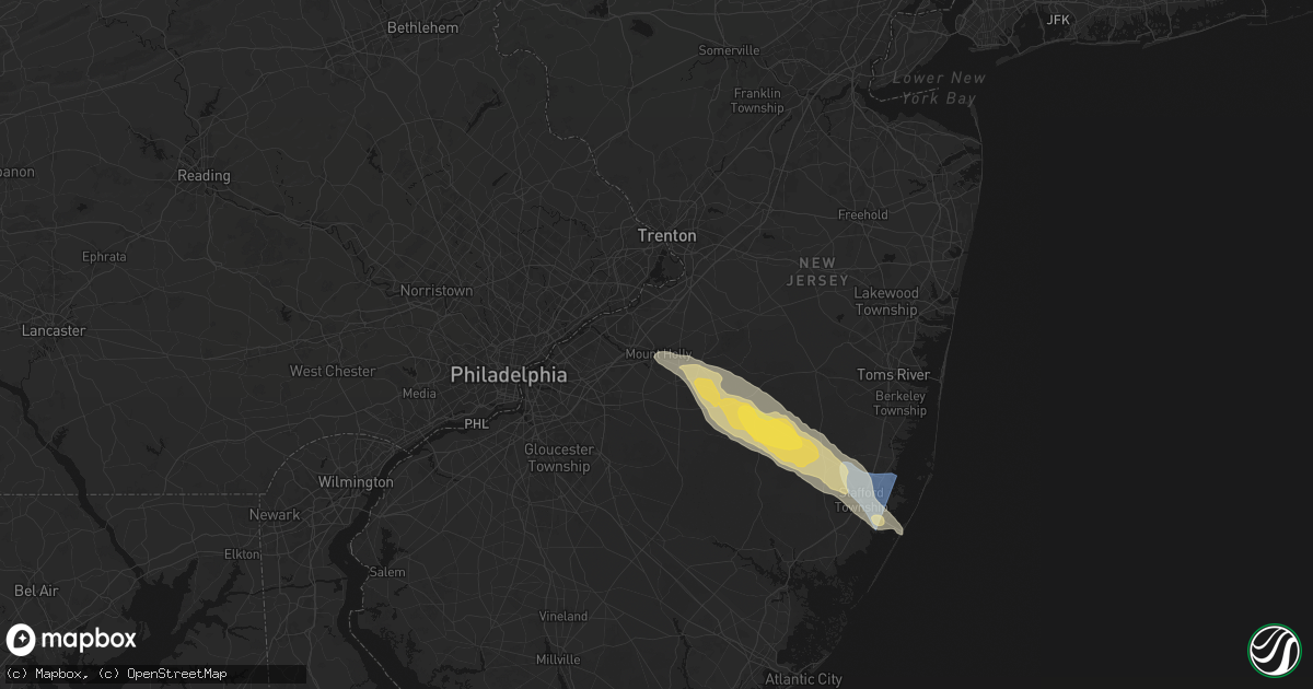 Hail map in Mount Holly, NJ on July 16, 2026
