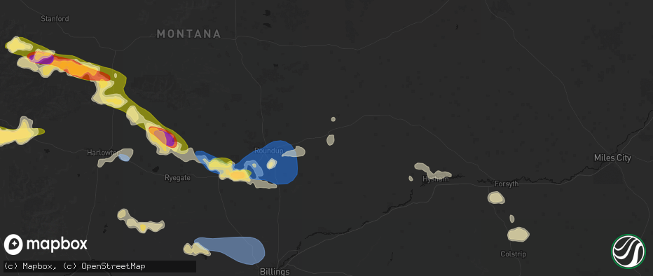 Hail map in Musselshell, MT on July 16, 2026