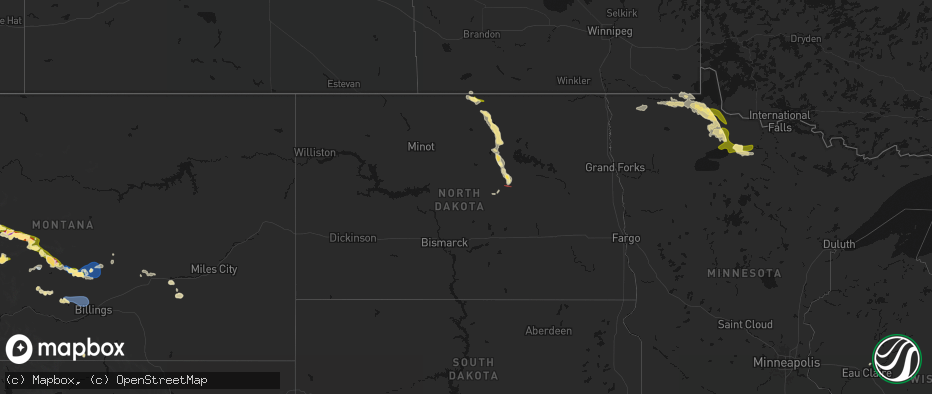 Hail map in North Dakota on July 16, 2026