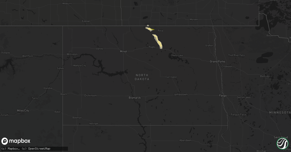 Hail map in North Dakota on July 16, 2026