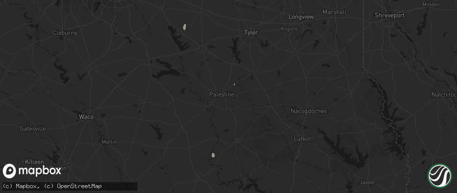 Hail map in Palestine, TX on July 16, 2026