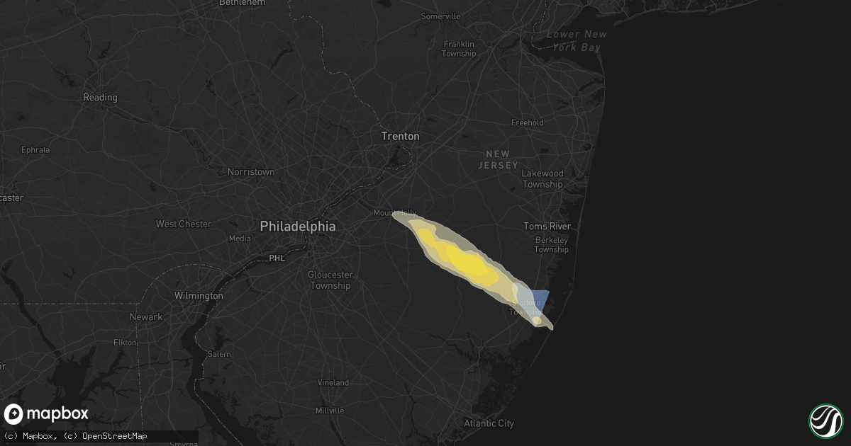 Hail map in Pemberton, NJ on July 16, 2026