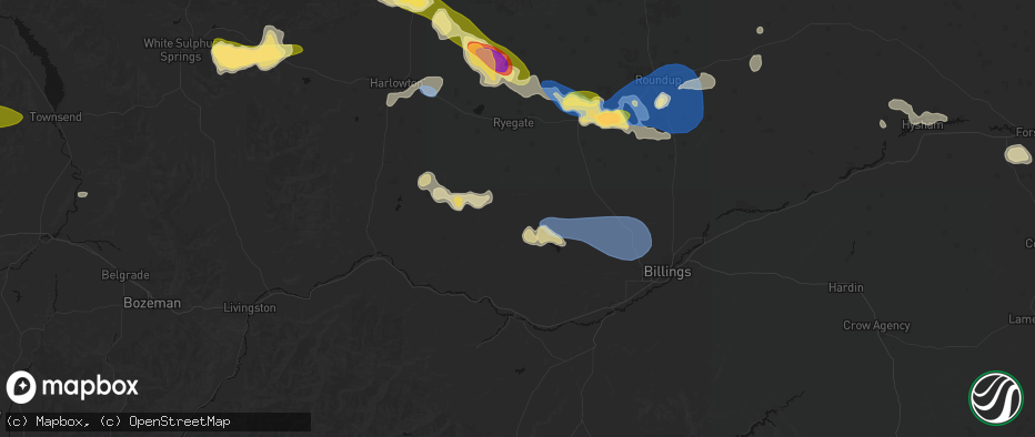 Hail map in Rapelje, MT on July 16, 2026