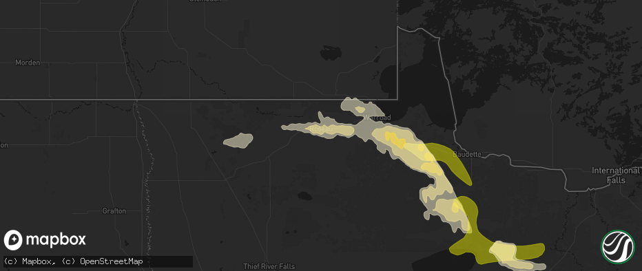 Hail map in Roseau, MN on July 16, 2026
