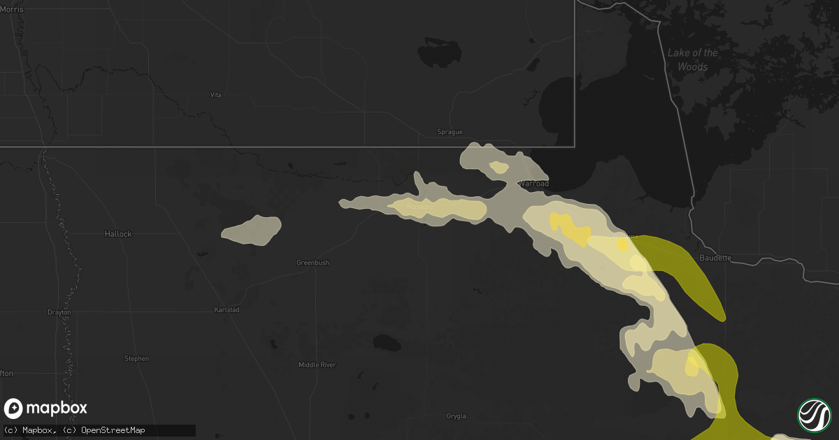 Hail map in Roseau, MN on July 16, 2026