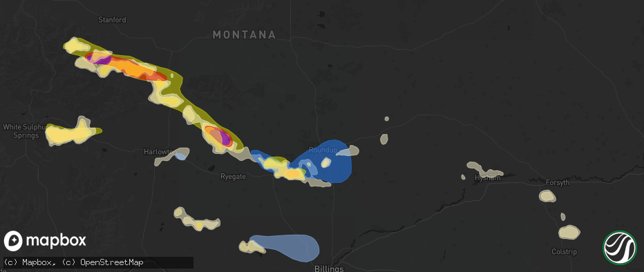 Hail map in Roundup, MT on July 16, 2026