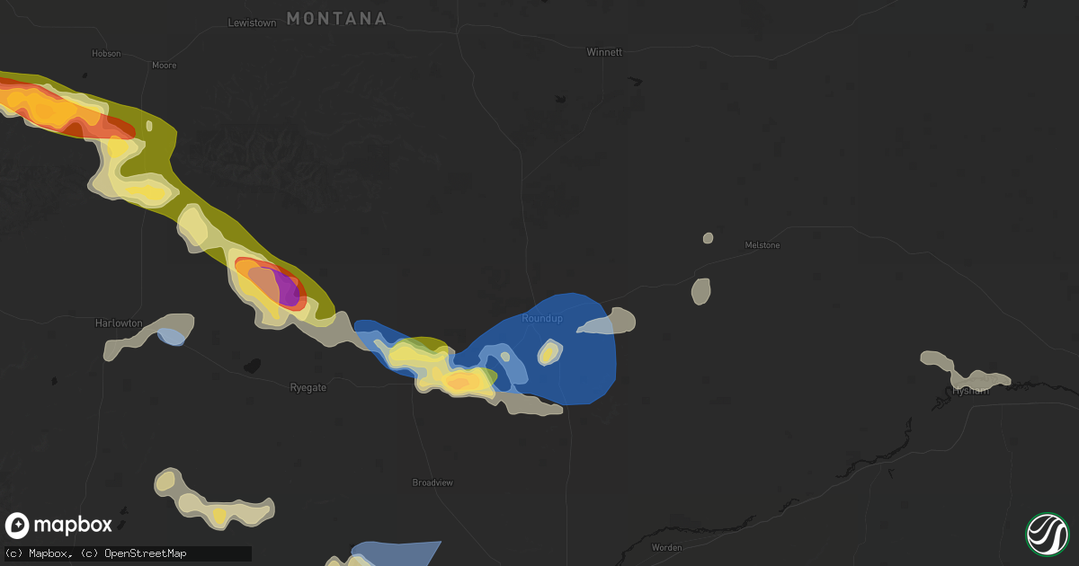 Hail map in Roundup, MT on July 16, 2026