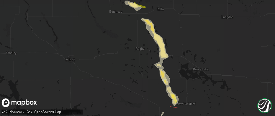 Hail map in Rugby, ND on July 16, 2026