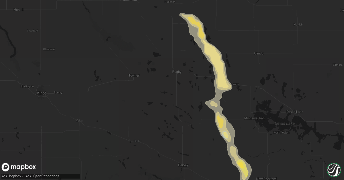 Hail map in Rugby, ND on July 16, 2026