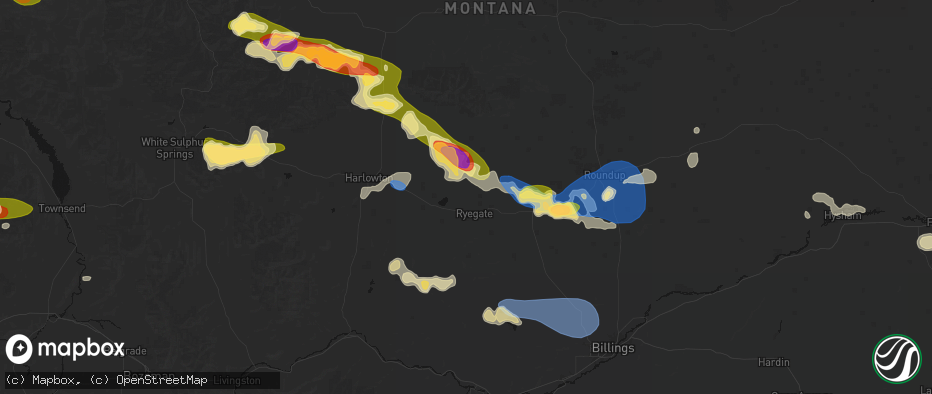 Hail map in Ryegate, MT on July 16, 2026