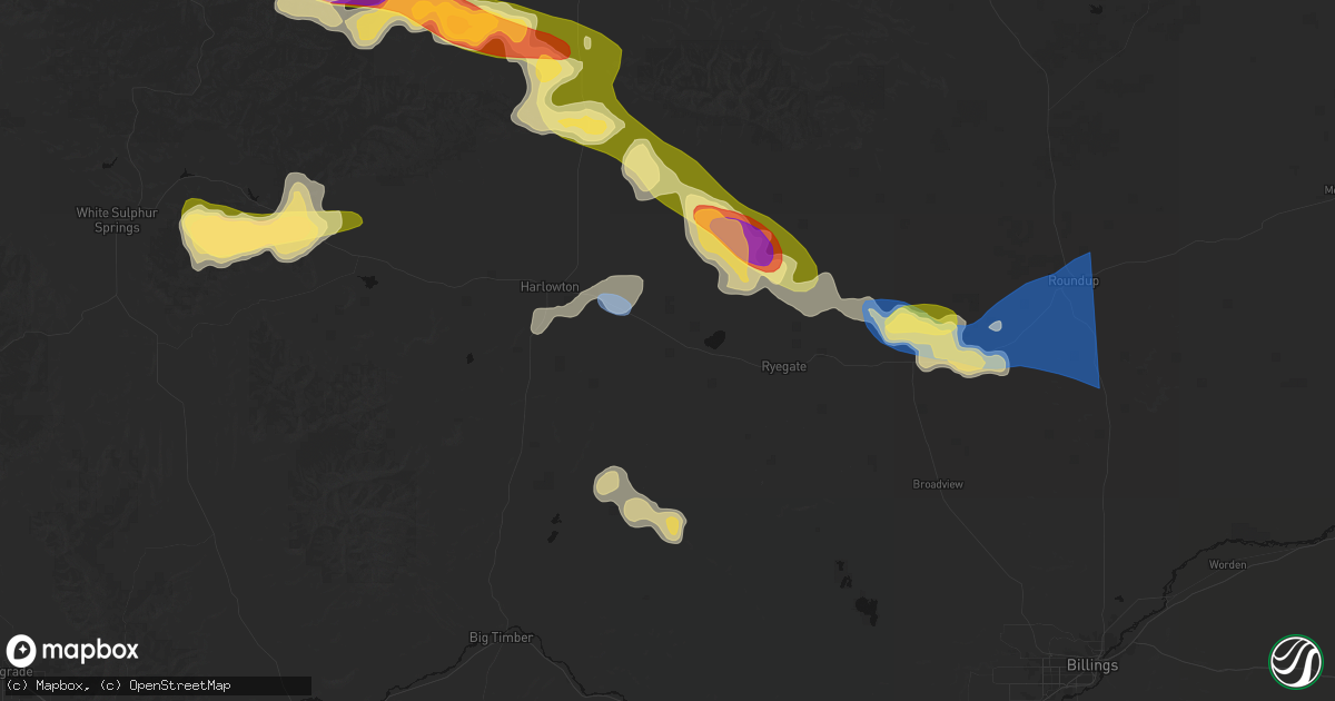 Hail map in Shawmut, MT on July 16, 2026