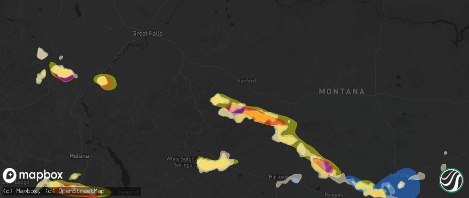 Hail map in Stanford, MT on July 16, 2026